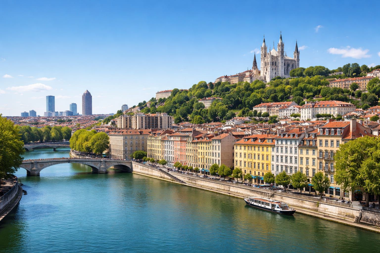 Vue panoramique de Lyon avec la Saône et la basilique de Fourvière